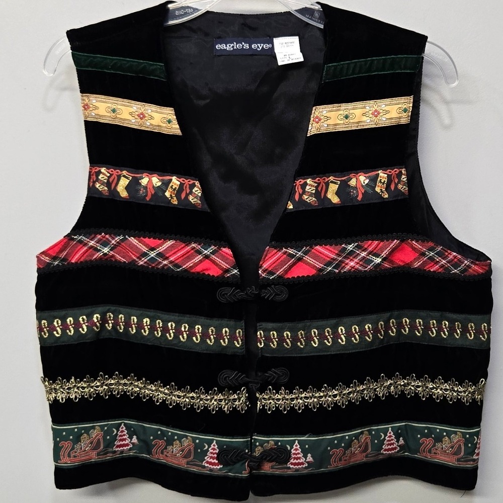 VTG 90s Eagles Eye Christmas Vest Large‎ Black Velvet Patchwork Holidays Festive